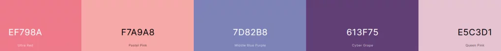 Exemple de palette sur Coloors.co ici les couleurs #EF798A, #F7A9A8, #7D82B8, #613F75, #E5C3D1 sont générées.